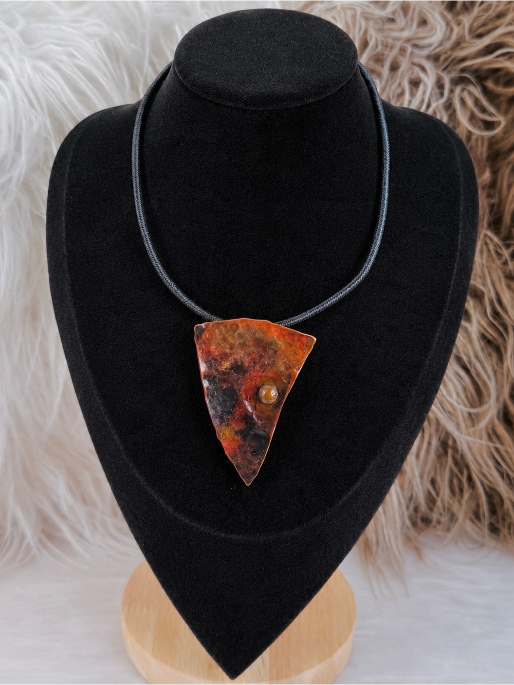 Hammered Copper Abstract Pendant Necklace Adjustable Cord